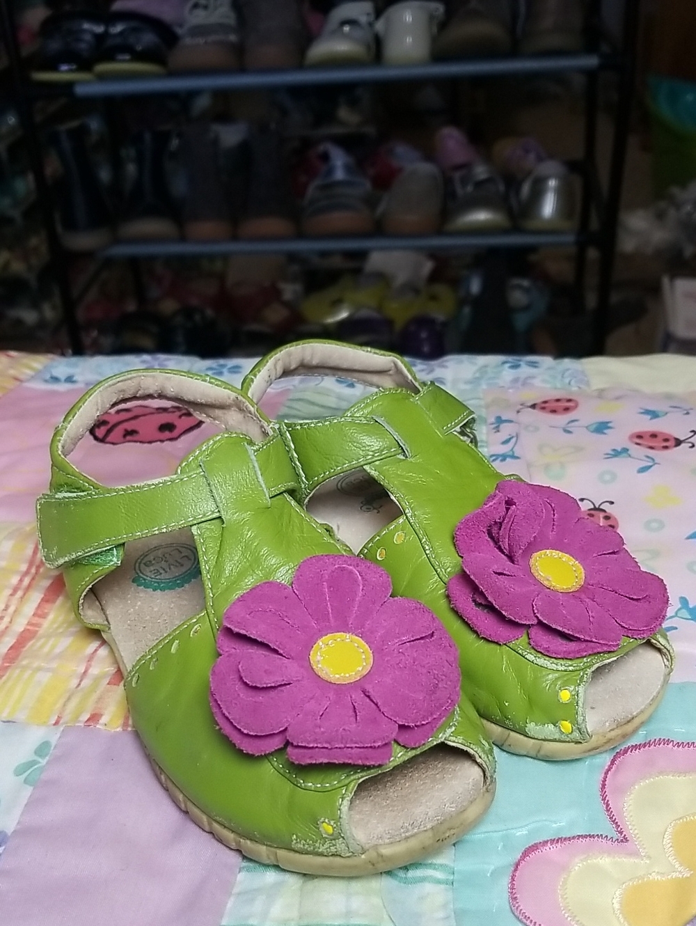 Livie & Luca Green Leather Peep toe Sandals with Pink Leather Flowers Size 10